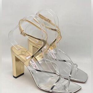 Jimmy Choo Azie 85MM Liquid Metal Leather Sandals, size 7.5